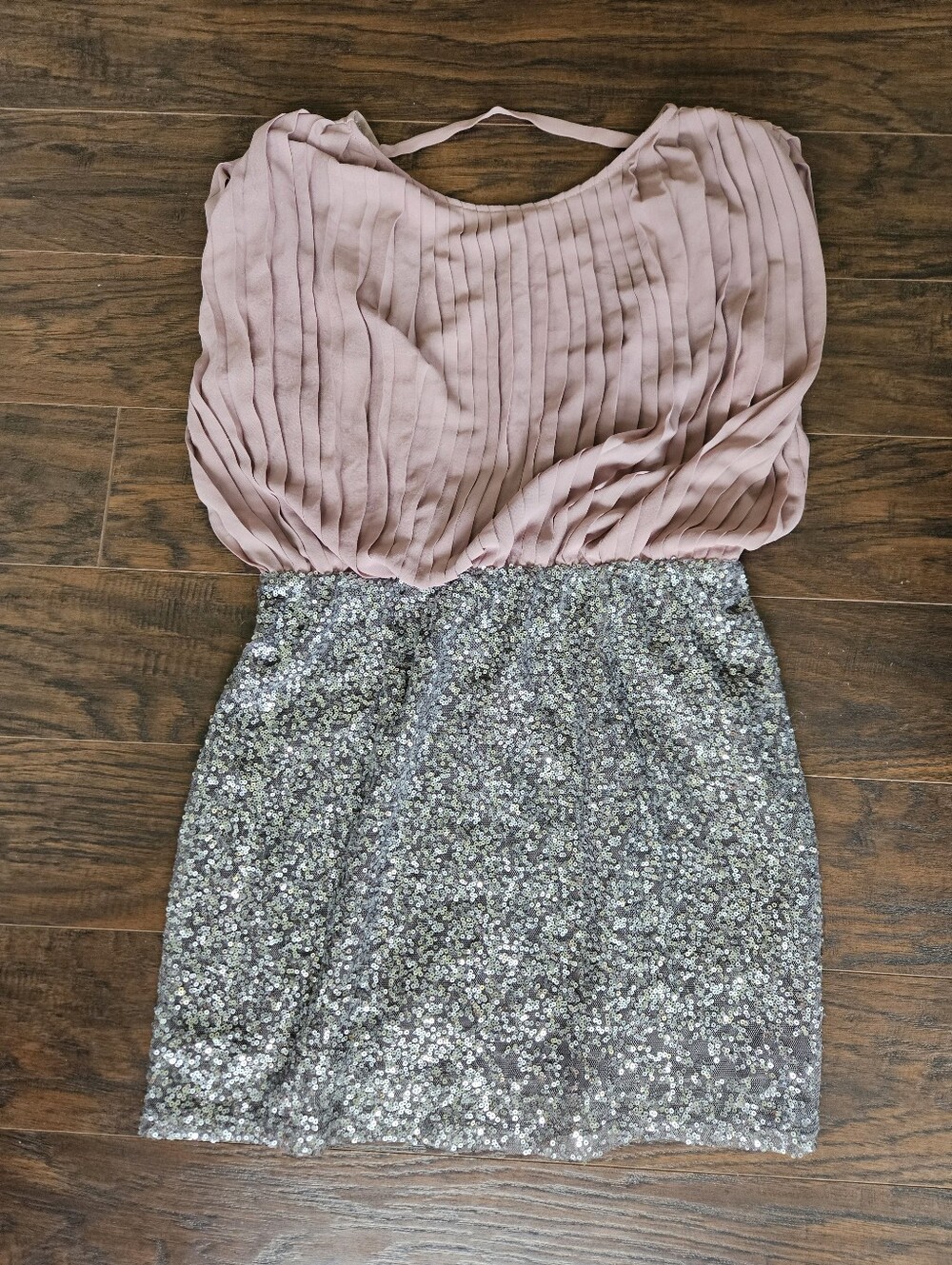 fab'rik Blush Pink Pleated Top with Silver Sequin Skirt